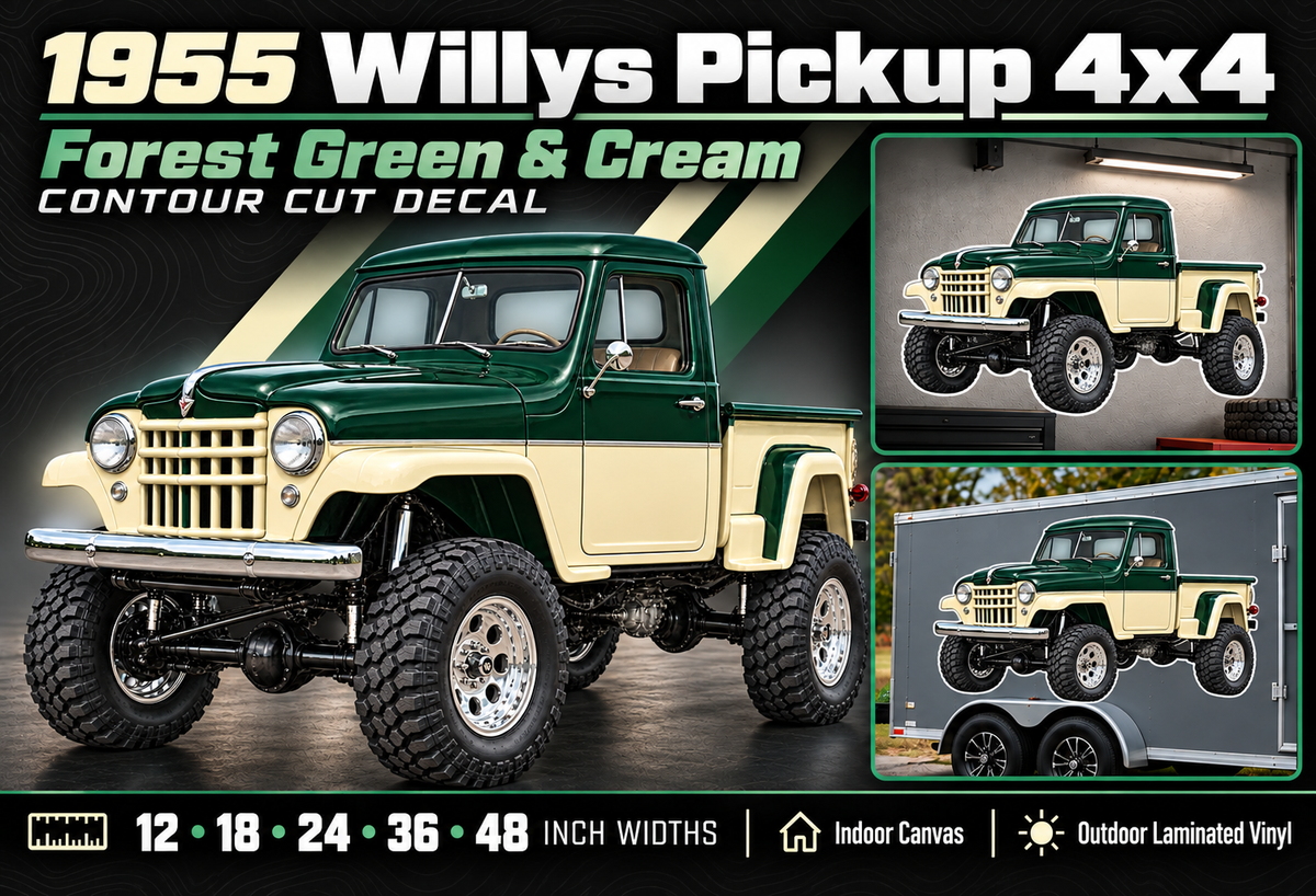 1955 Willys Pickup Forest Green & Cream decal summary with sizes and materials