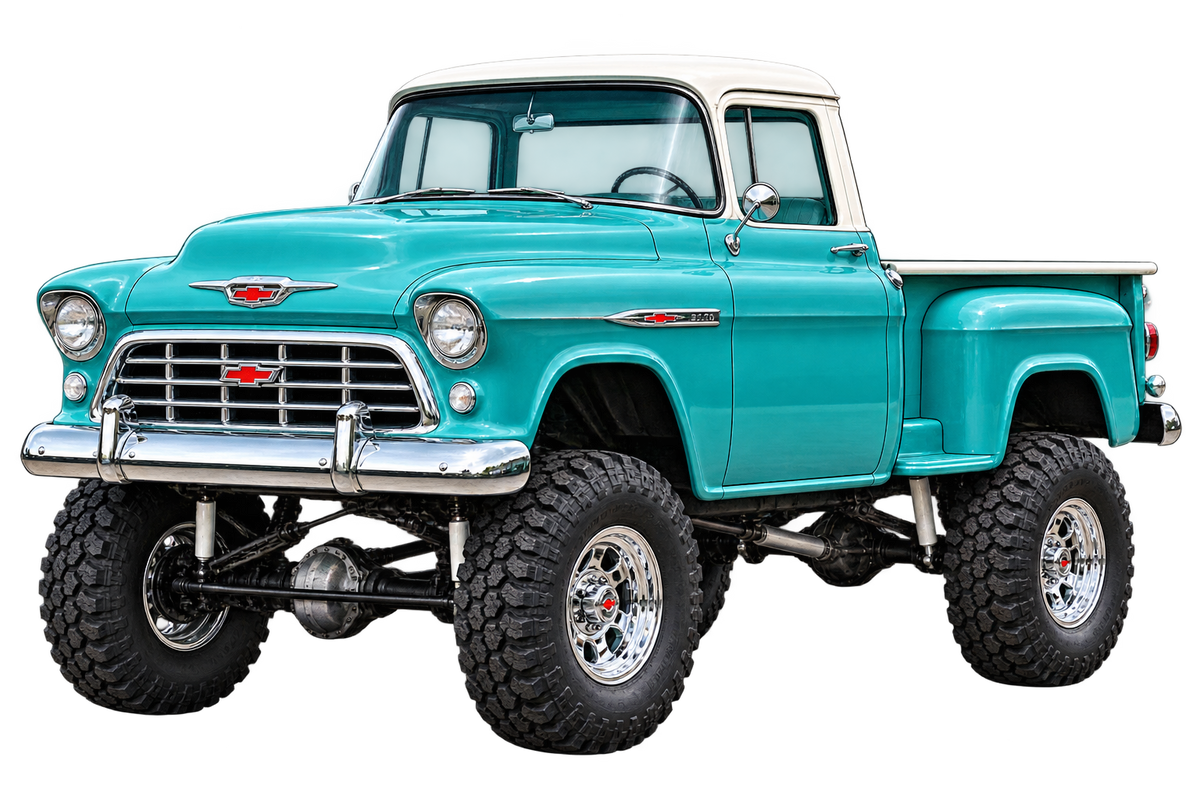 1955 Chevrolet 3100 NAPCO Turquoise & White 4x4 pickup contour cut decal artwork