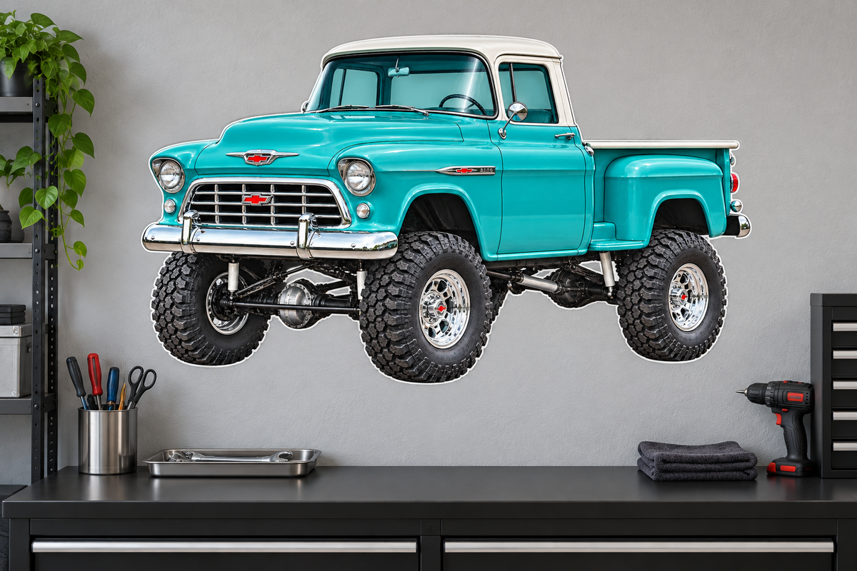 1955 Chevrolet 3100 NAPCO Turquoise & White garage wall decal mockup