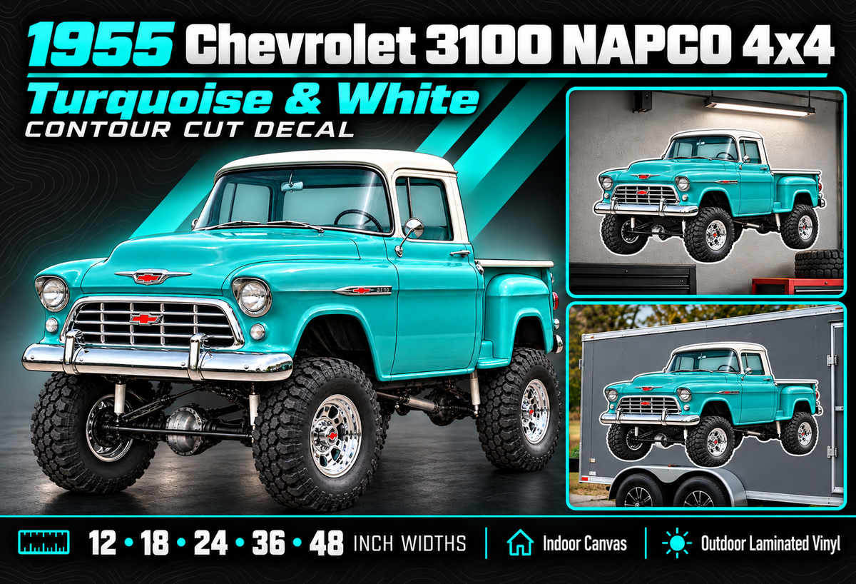 1955 Chevrolet 3100 NAPCO Turquoise & White decal summary with sizes and materials