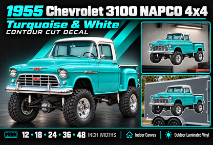 1955 Chevrolet 3100 NAPCO Turquoise & White decal summary with sizes and materials