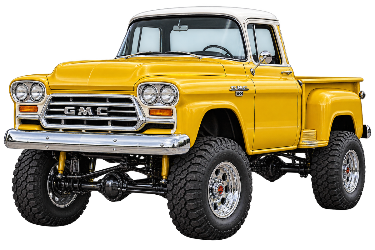 1958 GMC 100 NAPCO Golden Yellow & White 4x4 pickup contour cut decal artwork
