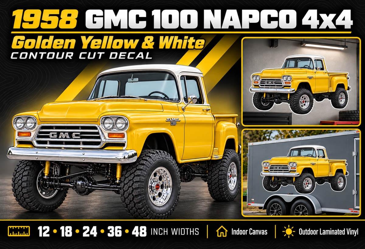 1958 GMC 100 NAPCO Golden Yellow & White decal summary with sizes and materials