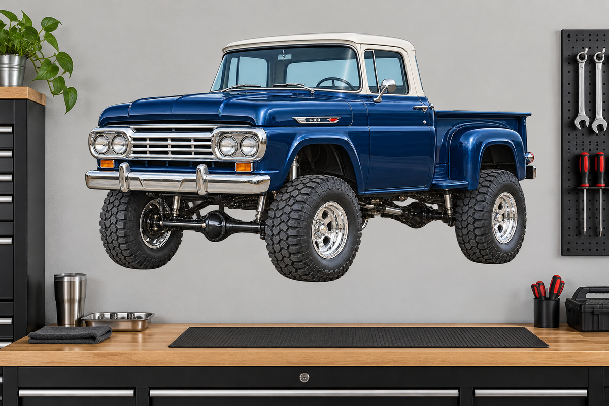 1959 Ford F-100 Midnight Blue & White garage wall decal mockup