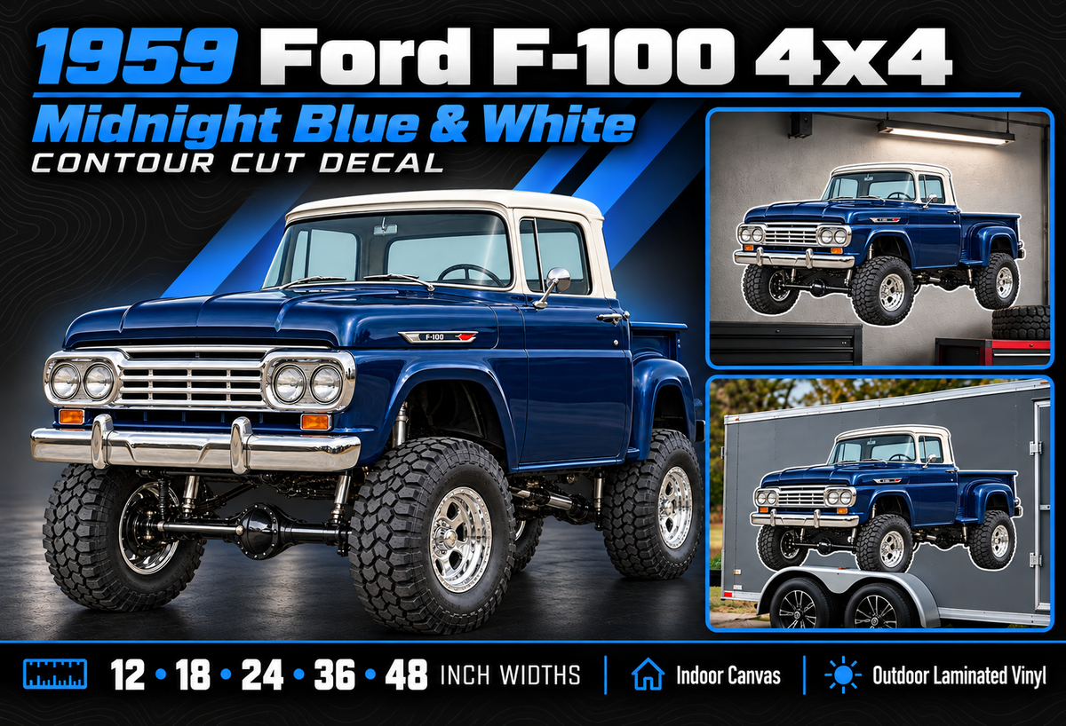 1959 Ford F-100 Midnight Blue & White decal summary with sizes and materials
