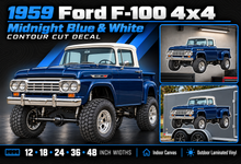 1959 Ford F-100 Midnight Blue & White decal summary with sizes and materials