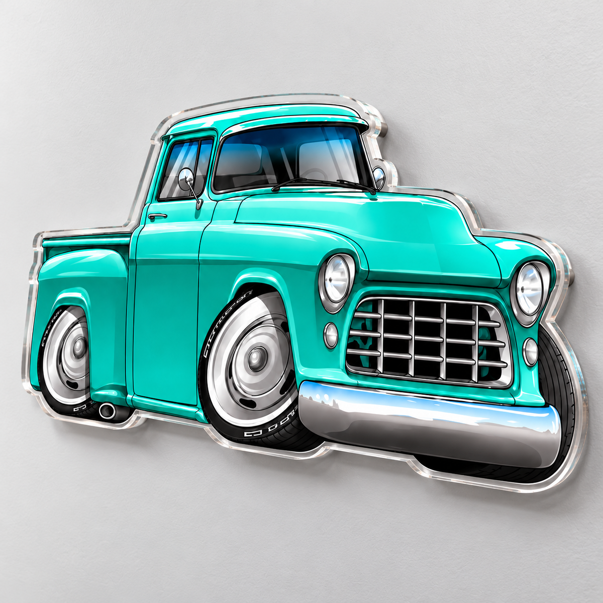 1955 turquoise Chevy hot rod contour cut acrylic wall sign — angled view