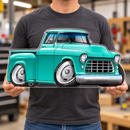 1955 turquoise Chevy hot rod contour cut acrylic wall sign — held for scale