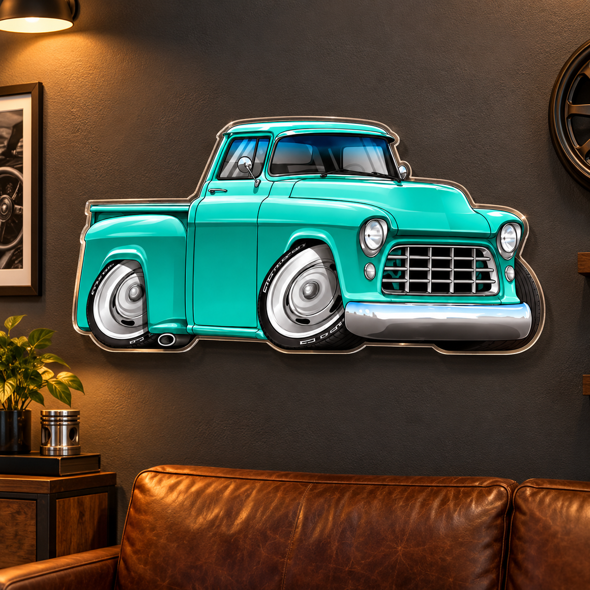 1955 turquoise Chevy hot rod contour cut acrylic wall sign — lounge wall