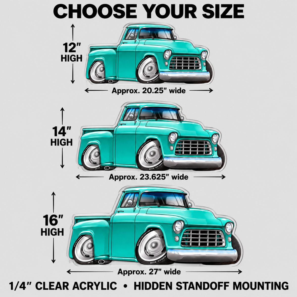 1955 turquoise Chevy hot rod contour cut acrylic wall sign — size guide