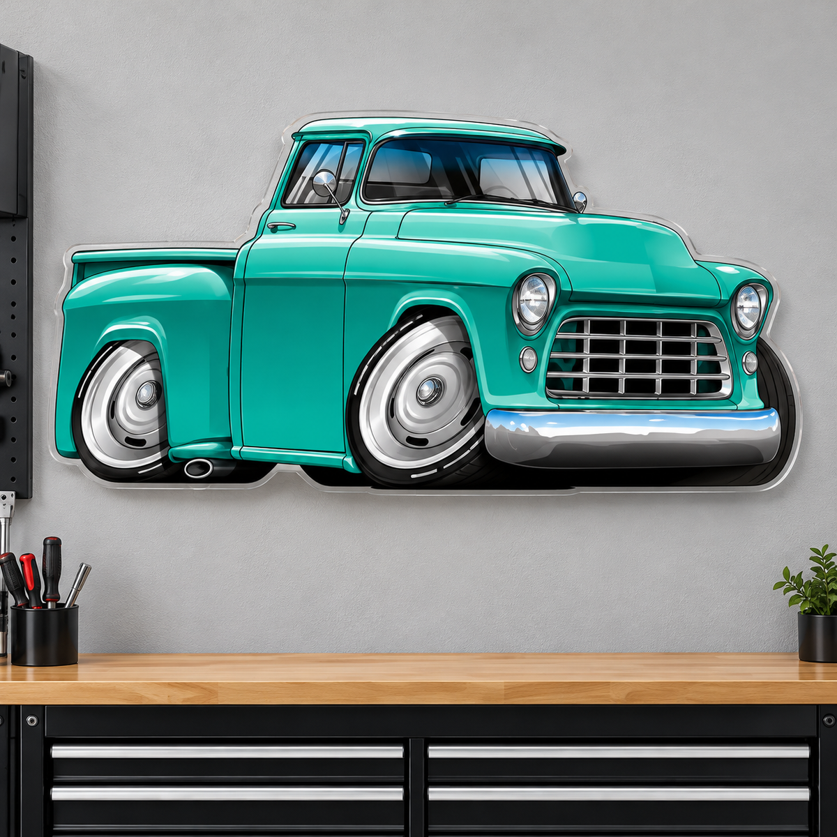 1955 turquoise Chevy hot rod contour cut acrylic wall sign — garage wall