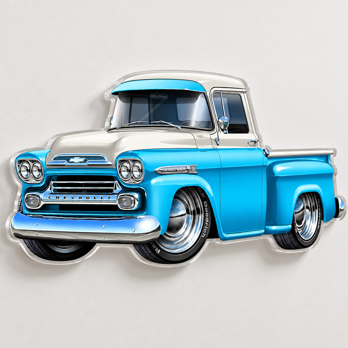 1959 Chevy Apache baby blue and white contour cut acrylic wall sign — angle