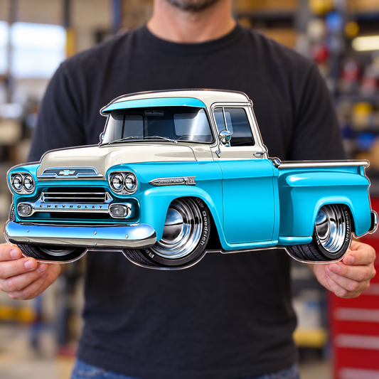 1959 Chevy Apache baby blue and white contour cut acrylic wall sign — held