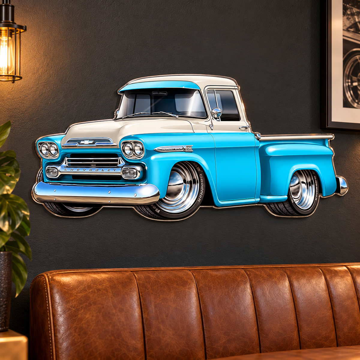 1959 Chevy Apache baby blue and white contour cut acrylic wall sign — lounge