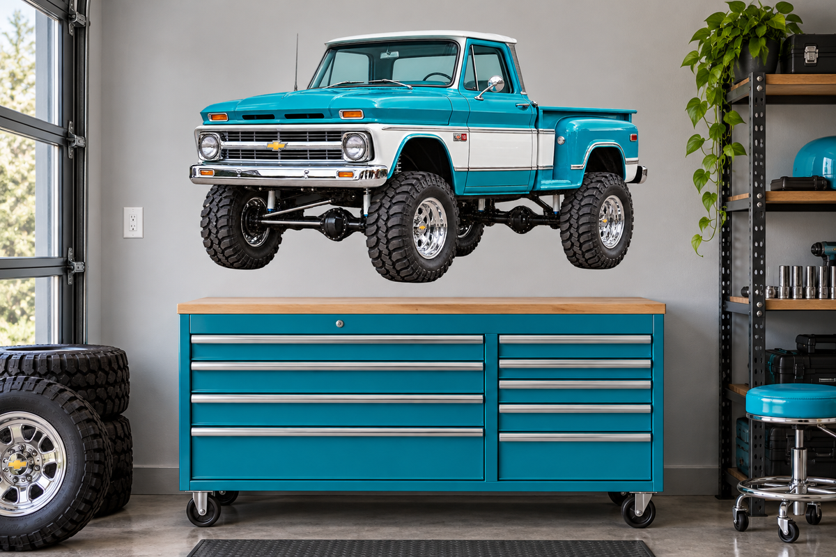 1966 Chevrolet K10 Turquoise & White garage wall decal mockup