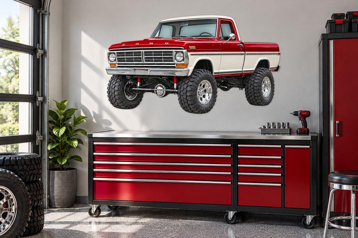1969 Ford F-100 Candy Red & Wimbledon White garage wall decal mockup