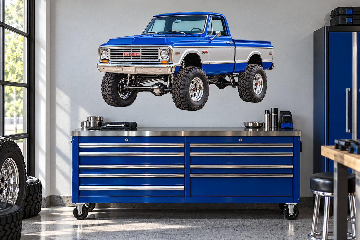 1967 GMC K1500 Royal Blue & Silver garage wall decal mockup