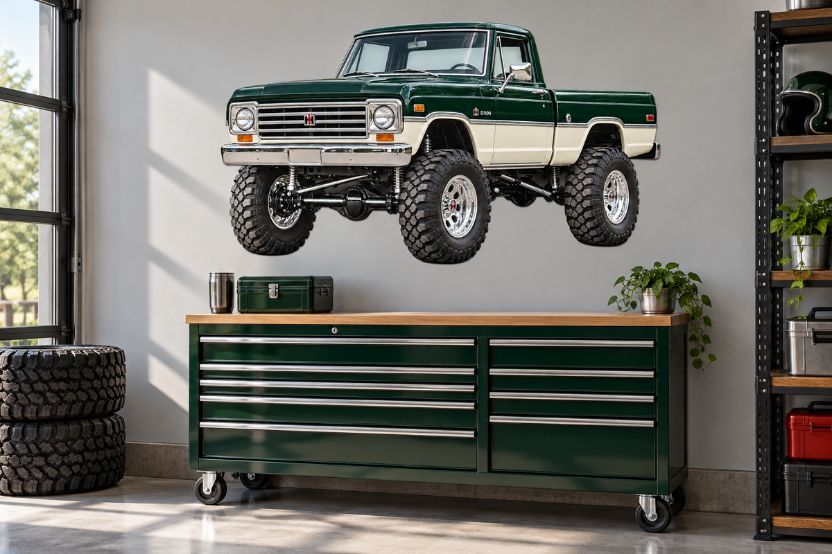 1965 International Harvester D1100 Forest Green & Ivory garage wall decal mockup