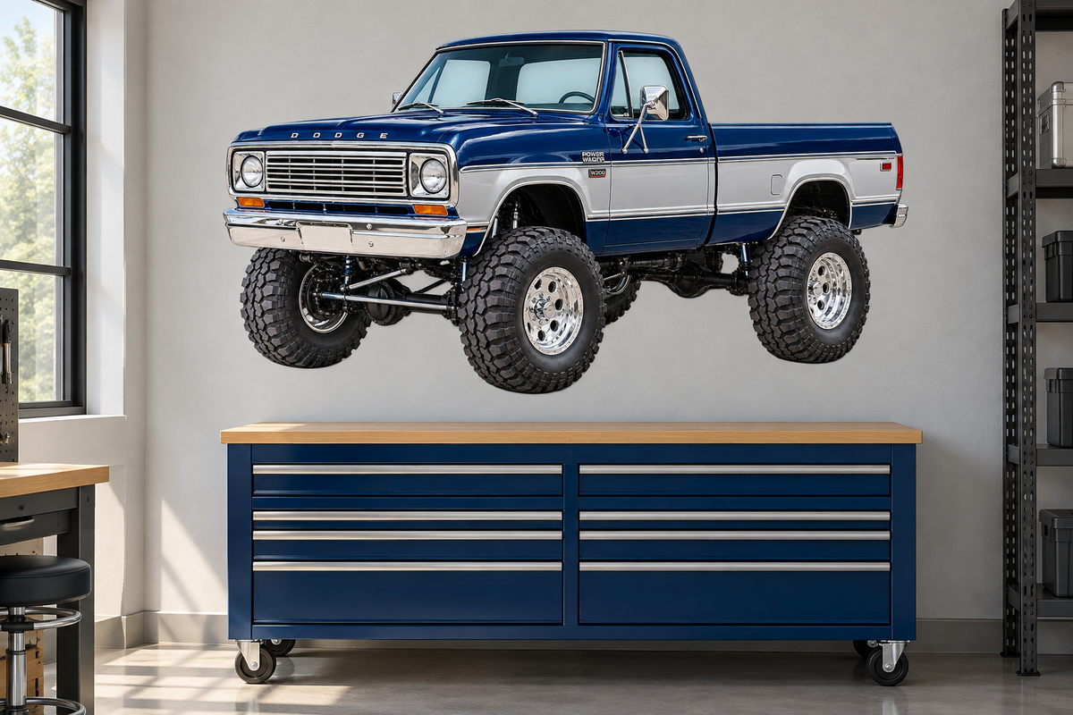 1978 Dodge W200 Power Wagon Midnight Blue & Silver garage mockup