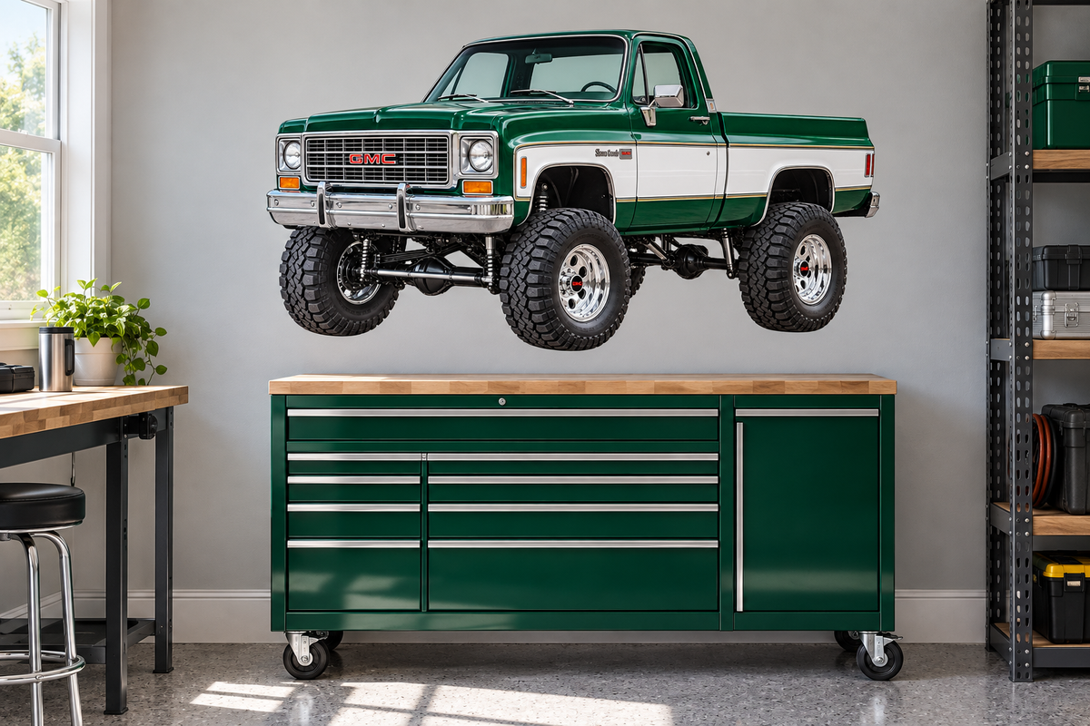 1976 GMC K1500 Sierra Grande Emerald Green & White garage mockup