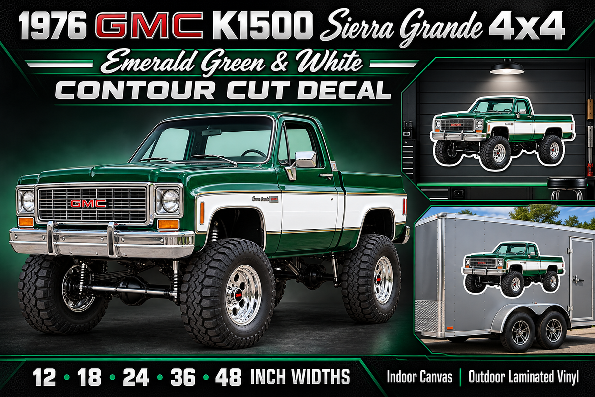 1976 GMC K1500 Sierra Grande Emerald Green & White decal showcase