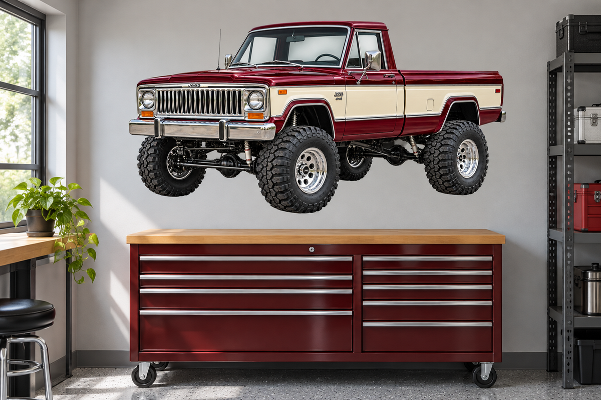 1976 Jeep J20 Deep Maroon & Ivory garage mockup