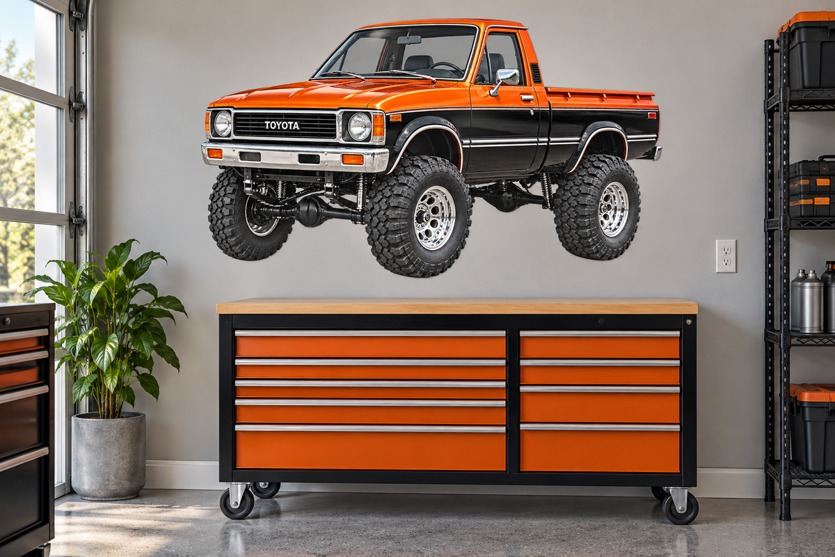 1979 Toyota Pickup Sunset Orange & Black garage mockup