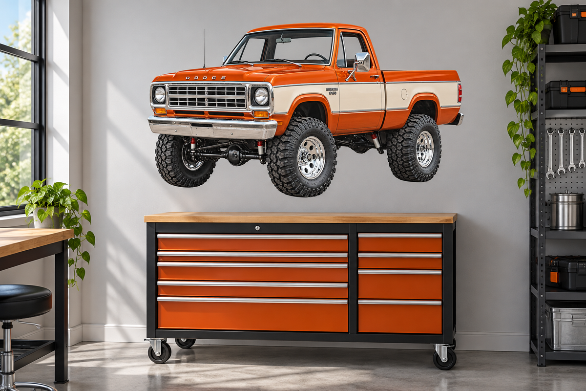 1977 Dodge W150 Power Wagon Burnt Orange & Cream garage wall decal mockup