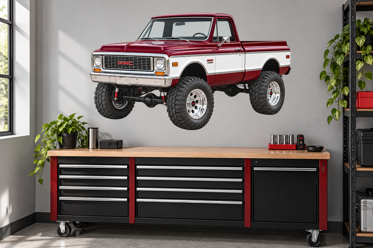 1972 GMC K1500 Burgundy & White garage wall decal mockup