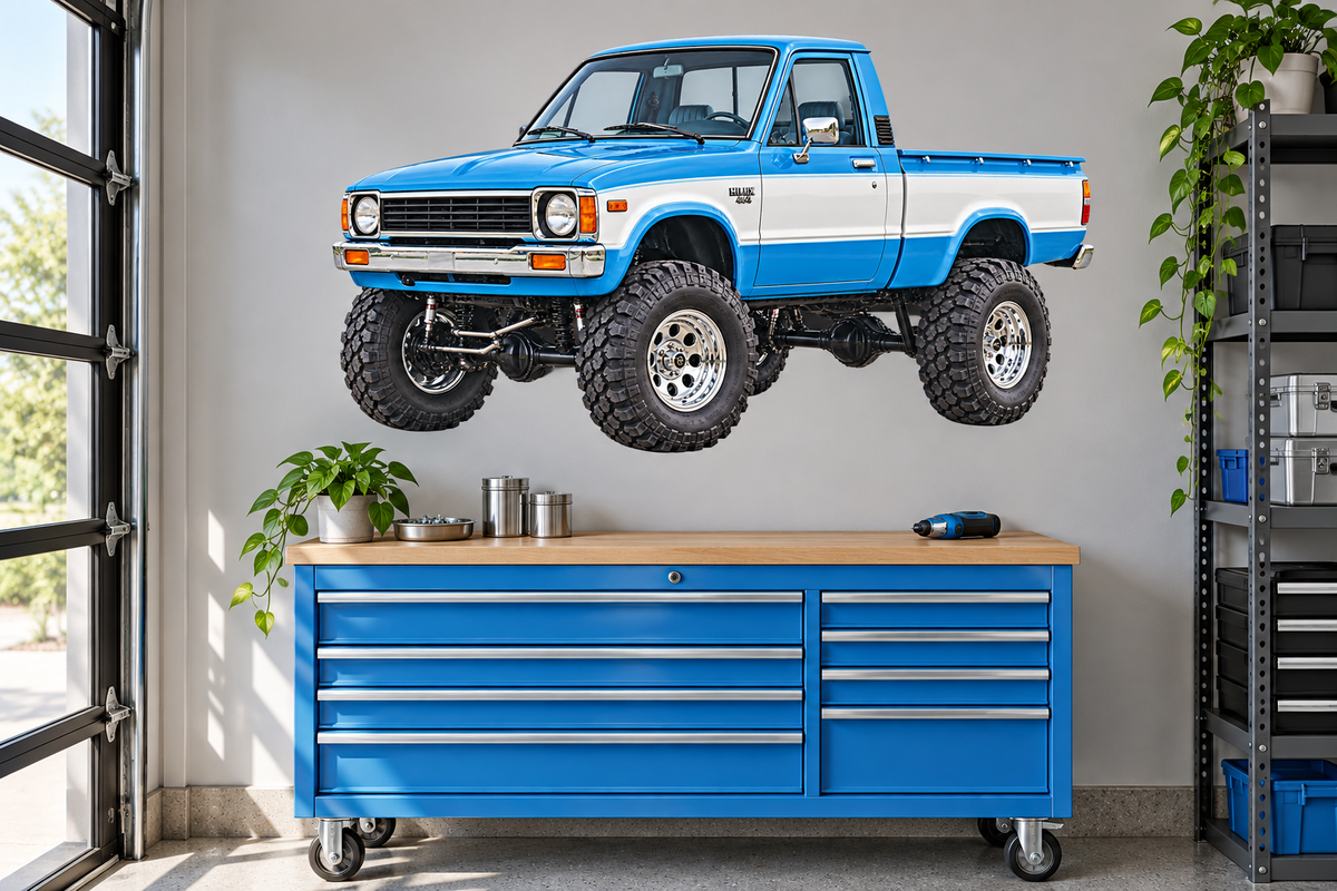 1979 Toyota Hilux 4x4 Sky Blue & White garage wall decal mockup