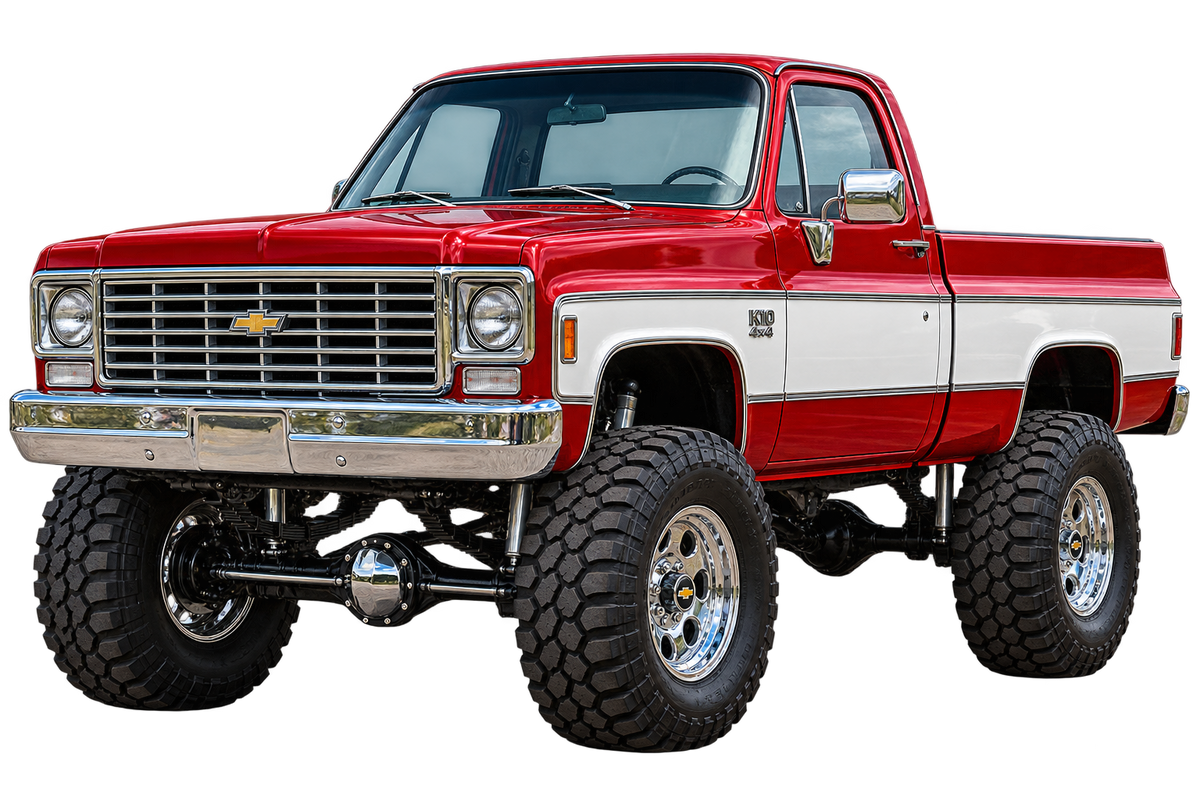 Crimson Red & White 1975 Chevrolet K10 lifted 4x4 transparent decal artwork
