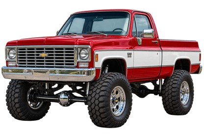 Crimson Red & White 1975 Chevrolet K10 lifted 4x4 transparent decal artwork