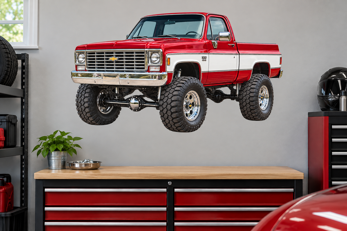 Crimson Red & White 1975 Chevy K10 4x4 garage wall decal preview