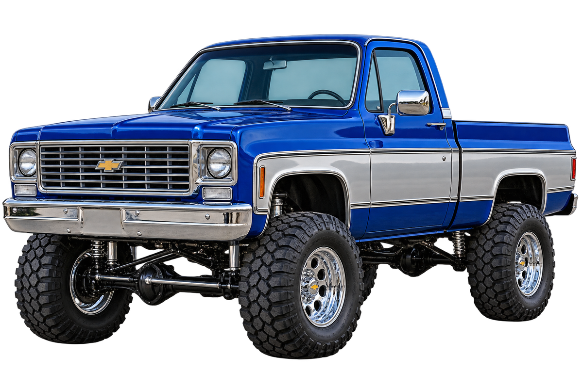 Royal Blue & Silver 1975 Chevrolet K10 lifted 4x4 transparent decal artwork