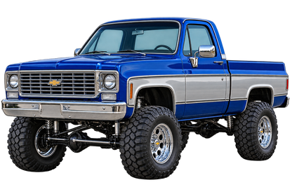 Royal Blue & Silver 1975 Chevrolet K10 lifted 4x4 transparent decal artwork
