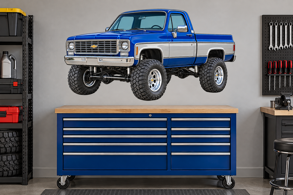 Royal Blue & Silver 1975 Chevy K10 4x4 garage wall decal preview