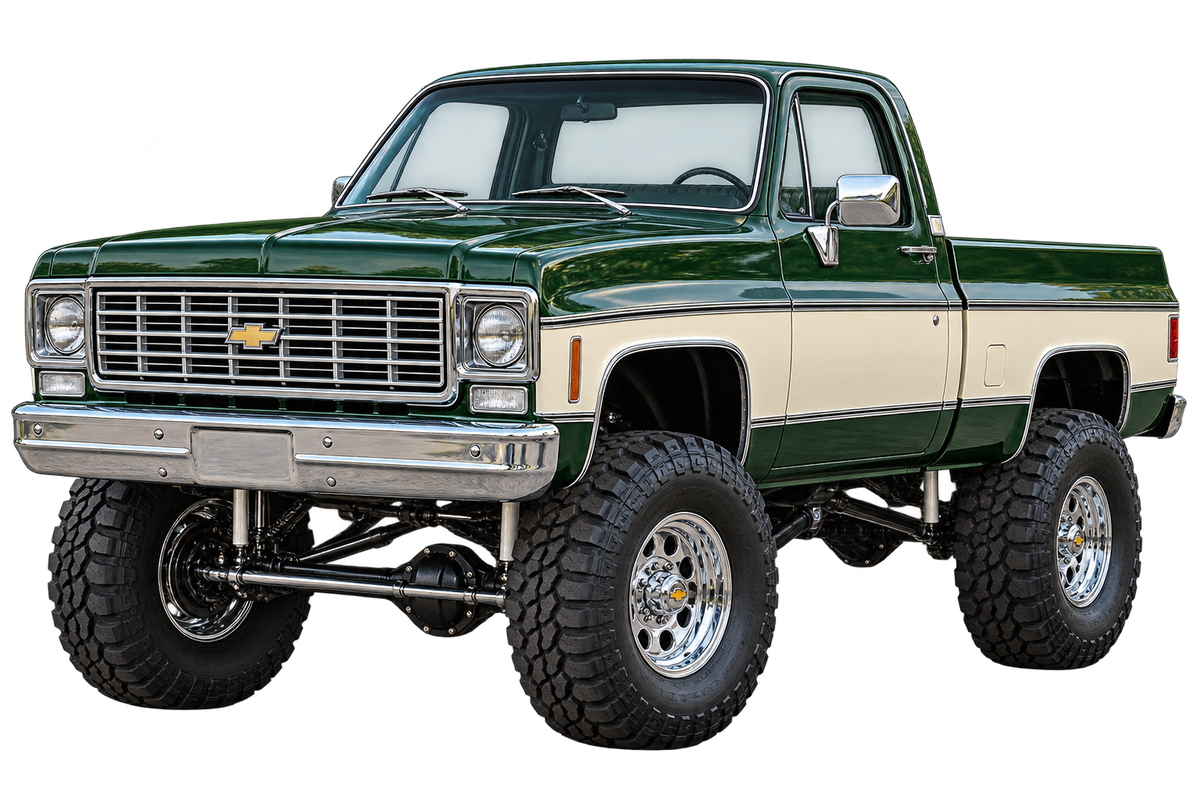 Forest Green & Cream 1975 Chevrolet K10 lifted 4x4 transparent decal artwork