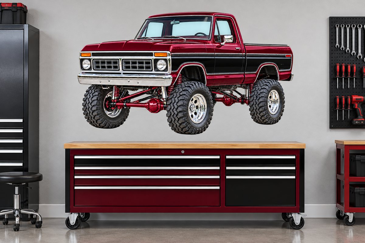 Burgundy & Black 1976 Ford F-150 garage wall decal mockup