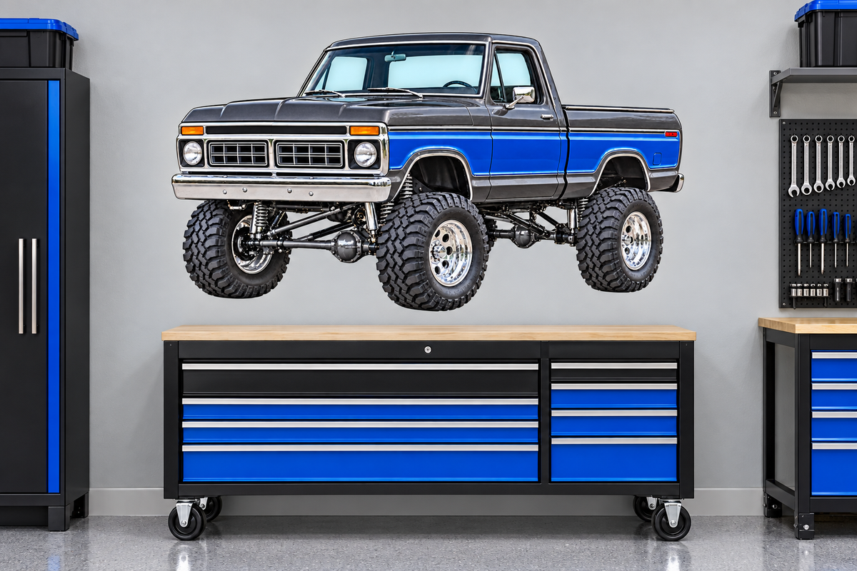 Gunmetal & Blue 1976 Ford F-150 garage wall decal mockup