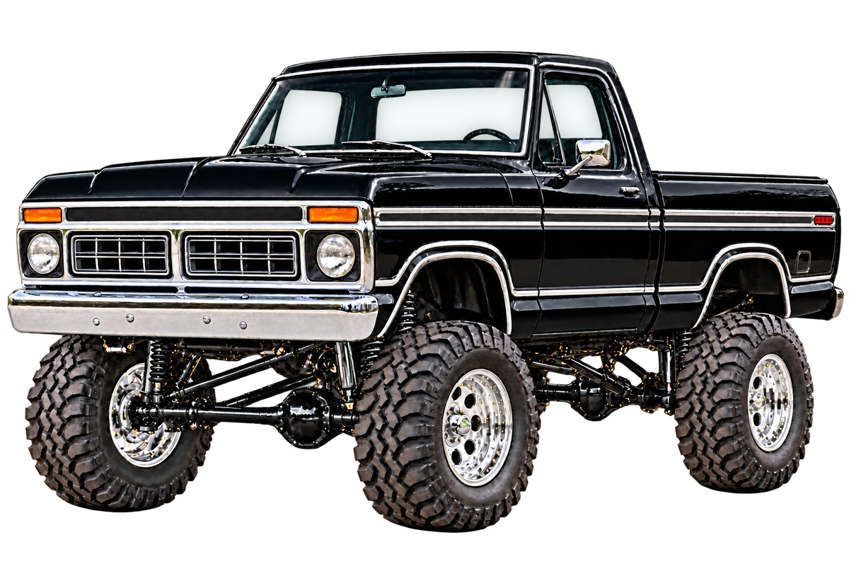 1976 Ford F-150 Ranger XLT black paint chrome wheels grille front bumper and side trim decal artwork