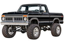 1976 Ford F-150 Ranger XLT black paint chrome wheels grille front bumper and side trim decal artwork