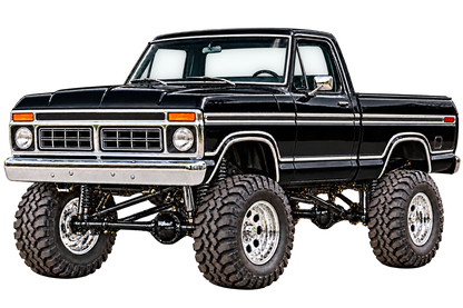 1976 Ford F-150 Ranger XLT black paint chrome wheels grille front bumper and side trim decal artwork