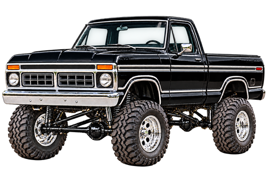 1976 Ford F-150 Ranger XLT black paint chrome wheels grille front bumper and side trim decal artwork