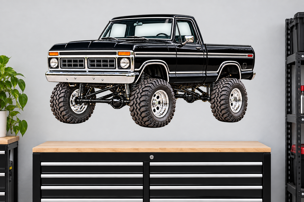 1976 Ford F-150 Ranger XLT black paint chrome wheels grille front bumper and side trim garage mockup