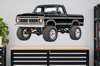 1976 Ford F-150 Ranger XLT black paint chrome wheels grille front bumper and side trim garage mockup