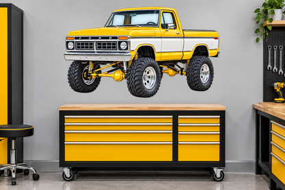 Sunburst Yellow & White 1976 Ford F-150 garage wall decal mockup