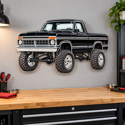1976 Ford F-150 contour-cut acrylic wall art floating above a garage workbench with hidden standoffs