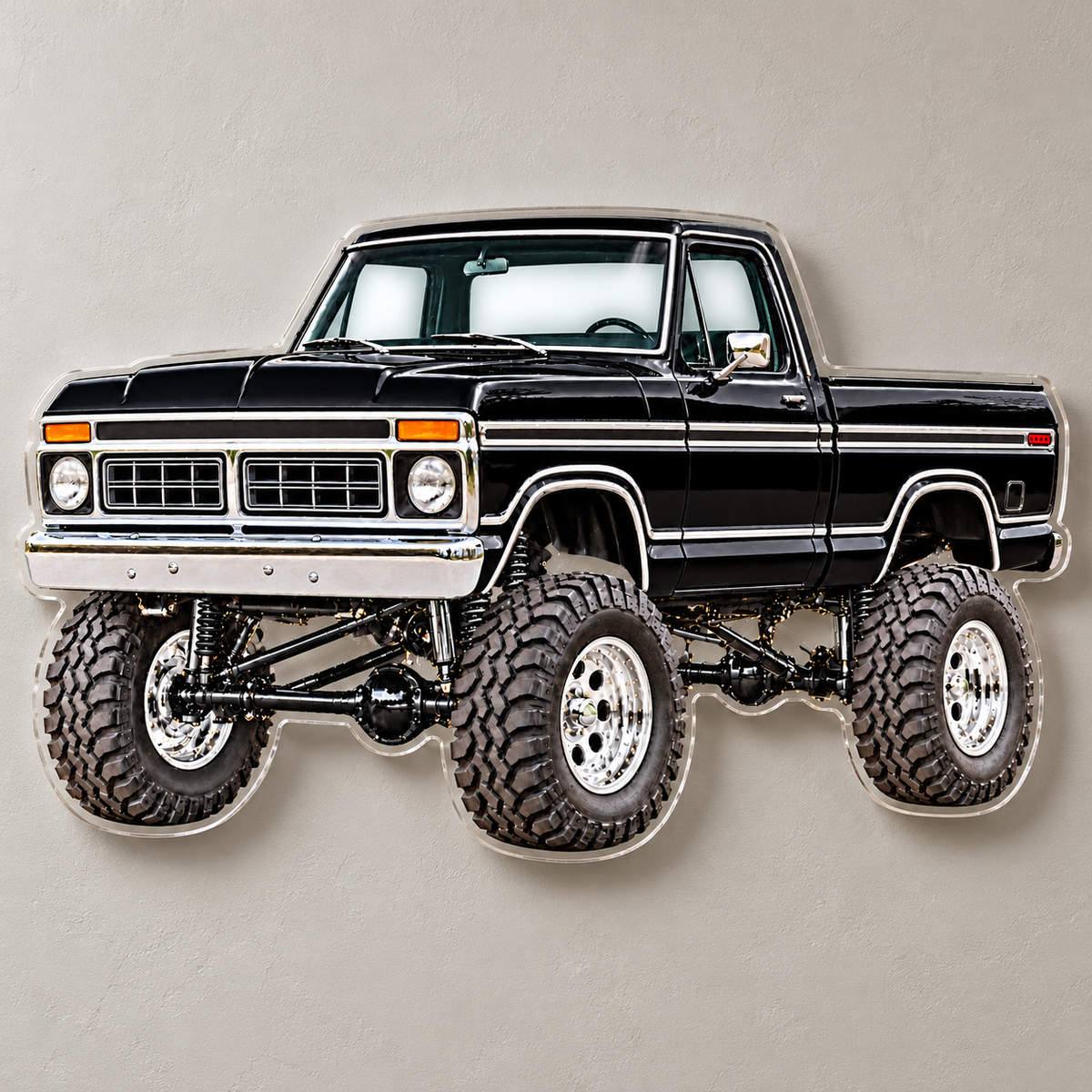 Black 1976 Ford F-150 printed contour-cut clear acrylic sign with concealed wall mounts