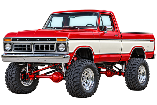 1976 Ford F-150 Lifted Truck Decal – Candy Red & Wimbledon White transparent artwork