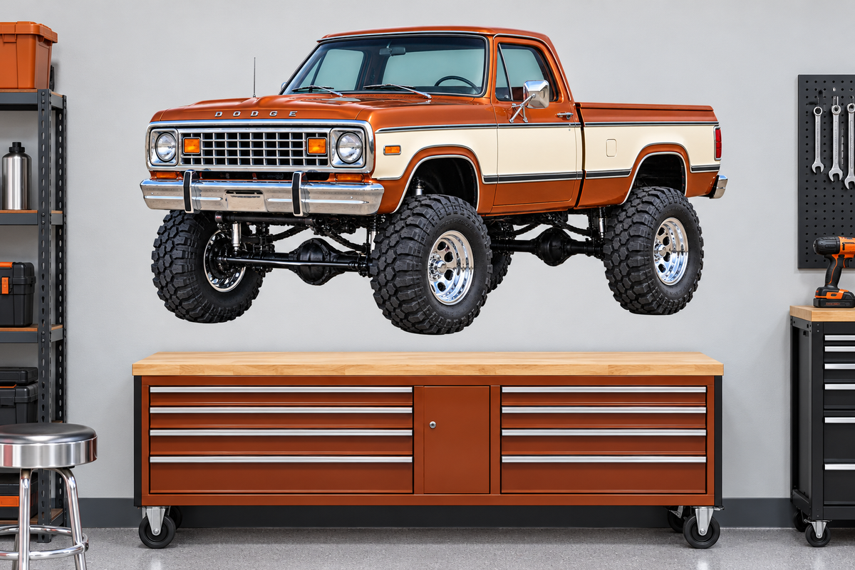 Copper & Cream 1977 Dodge Power Wagon garage wall decal mockup